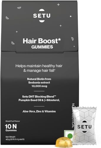 Setu Biotin Hair Boost Gummies for Men & Women-10000 mcg | 10 days Pack | With DHT Blocker with Biotin, Pumpkin Seed Oil, Aloe vera Extract, Zinc & Vitamin A, E & C, B6 and B12 | Reduces Hair Fall & Strengthens Nails Growth | 100% Vegetarian | Mixed fruit Flavour | 10 Gummies | Diwali Gifts