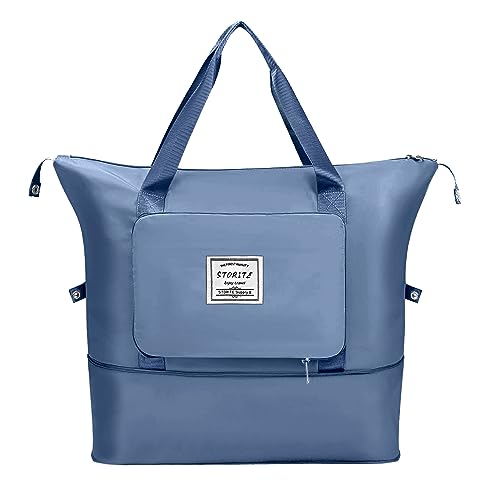 Storite Nylon 40 Cm Imported Travel Duffle Bag, Expandable Folding Travel Bag for Women, Lightweight Waterproof Carry Weekender Overnight Luggage Bag (Blue, 40 x 23 x 45 Cm)