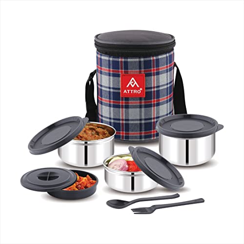 Attro Prime Stainless Steel Single Wall Lunch Box, Airtight & Leak Proof – 4 Containers with Bag, Fork & Spoon for Office Use, School, Picnic 1100 ml – Grey