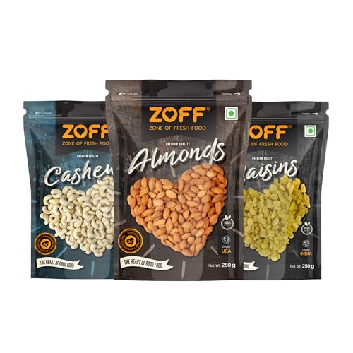 Zoff Premium Daily Needs Fresh and Healthy Mixed Dry Fruits Combo of Almonds | Badam | Cashews | Kaju | Raisins | Kishmish | Roasted Pistachios | Pista | & Walnut Halves Kernels | Akhroth| 250g Each| Total weight 1,250g