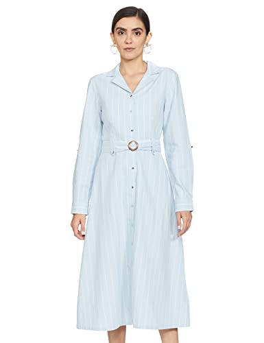 Van Heusen Woman Women’s Linen Fit and Flare Knee-Length Dress (VWDRFRGFS34292_Blue_S)