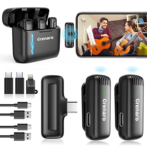 GRENARO J13 Wireless Microphone, Noise Reduction Lapel Mic with Charging Case, Wireless Mic for Video Recording, YouTube, Facebook, Support System for Type C & iPhone (Dual Channel Universal Version)