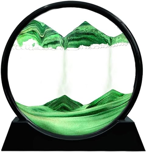 STAR WORK Moving Sand Art Picture Round Glass 3D Deep Sea Sand Scape in Motion Display Flowing Sand Frame Relaxing Desktop Home Office Work Decor Black Frame (7 in, Green)