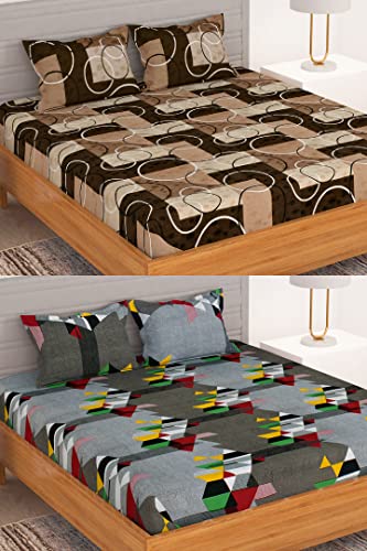 BEDSPUN Flora Collection Combo Pack of 2 Double Bedsheet with 4 Pillow Covers | 150 TC Soft Microfiber – Polyester Fabric | 225×220 cm or 7.5×7.5 ft- (Brown and Gray)