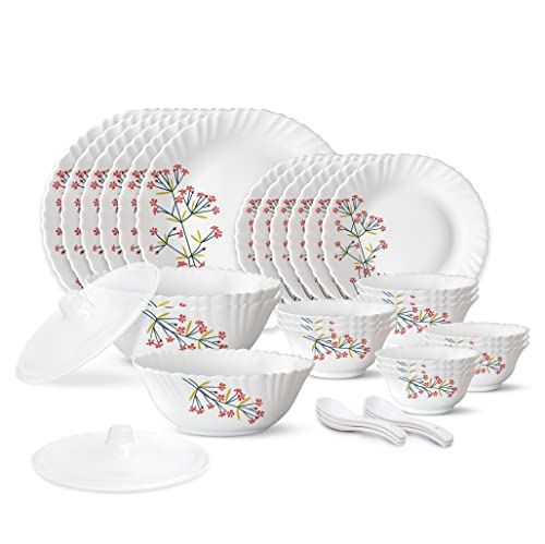 Larah by Borosil Red Bud Silk Series Opalware Dinner Set | 35 Pieces for Family of 6 | Microwave & Dishwasher Safe | Bone-Ash Free | Crockery Set for Dining & Gifting | Plates & Bowls | White