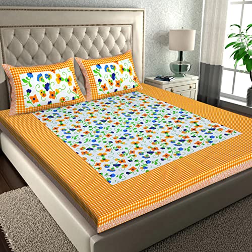 RajasthaniKart® Pure 100% Cotton Double Bed Sheet with 2 Pillow Covers (Bedsheet for Double Bed Cotton, Orange Flower Jaipuri, King Size,5193)