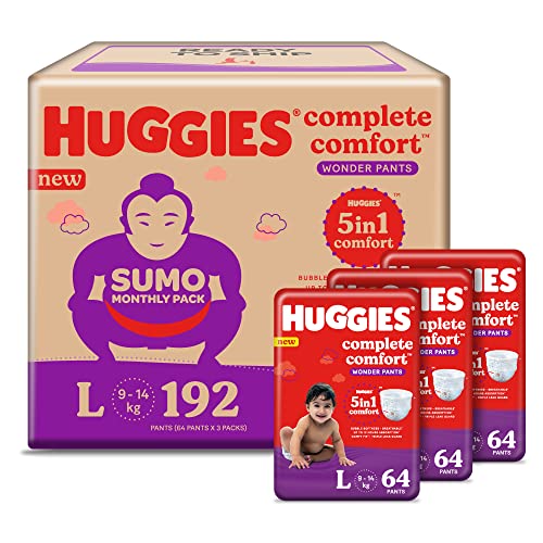 Huggies Complete Comfort Wonder Pants Large (L) Size Baby Diaper Pants Sumo Pack, 192 count, with 5 in 1 Comfort
