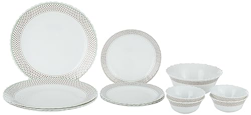 Larah by Borosil Fluted Waltz Dinner Set 13 Pc, Opal Glass Dinner Plates & Bowls Crockery Set for Dinning, White