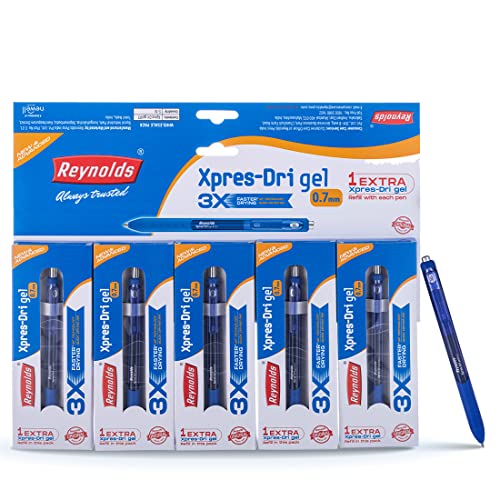 Reynolds Ball Pen I Lightweight Ball Pen With Comfortable Grip for Extra Smooth Writing I School and Office Stationery | XPRES DRI GEL 07- RPI PACKAGE 5 COUNT BLUE