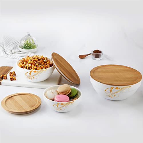 CELLO Opalware Royale Mixing Bowl Set with Bamboo Lid – Vintage 500ml, 1000ml, 1500ml, White, 3 Units