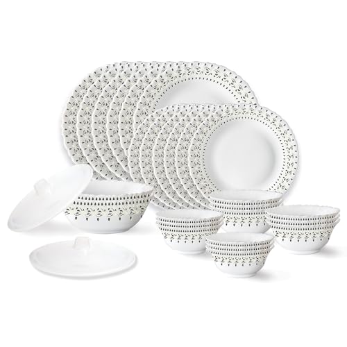 Larah by Borosil Fluted Ora Gold Dinner Set 28 Pieces, Opal Glass Dinner Plates & Bowls Crockery Set for Dinning, White