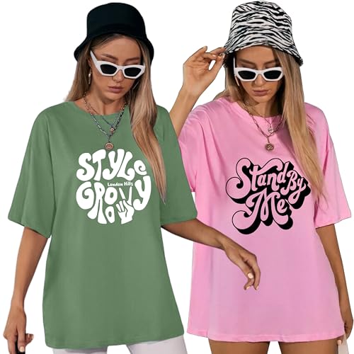 London Hills Cotton Blend Half Sleeve Women Oversized T-Shirts Pack of 2