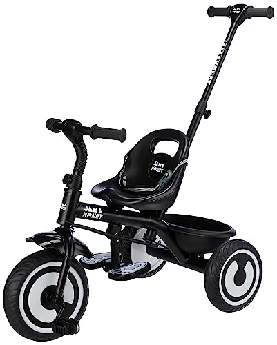 Amazon Brand – Jam & Honey Tricycle for Kids | Plug N Play | Parental Handle and Seatbelt (Black)