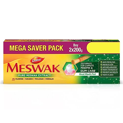 Dabur Meswak Complete Oral Care Toothpaste – 400g (200g x 2, Pack of 2) | Complete Oral & Gum Care Toothpaste | Contains Pure & Rare Miswak extract | No added Fluoride, Paraben, Triclosan & Formalin