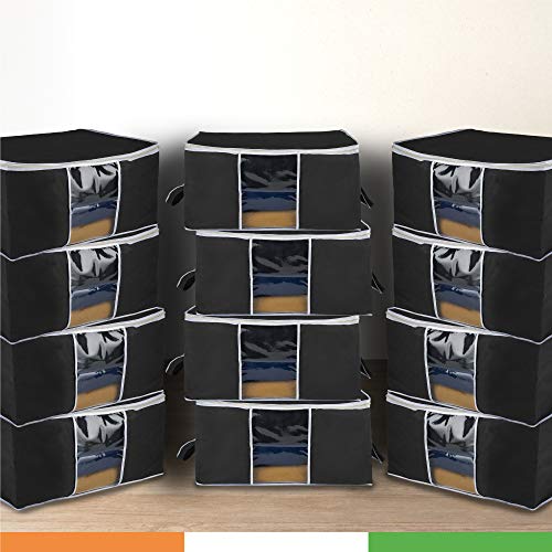 Duraware Extra-Large Wardrobe/Under Bed Storage Organiser with Duralight Fabric for Sarees, Shirts & More | Dust & Moisture Resistant | Pack of 12 (Black)