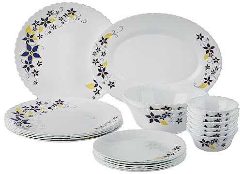 Larah by Borosil Fluted Viva Dinner Set 21 Pieces, Opal Glass Dinner Plates & Bowls Crockery Set for Dinning, White