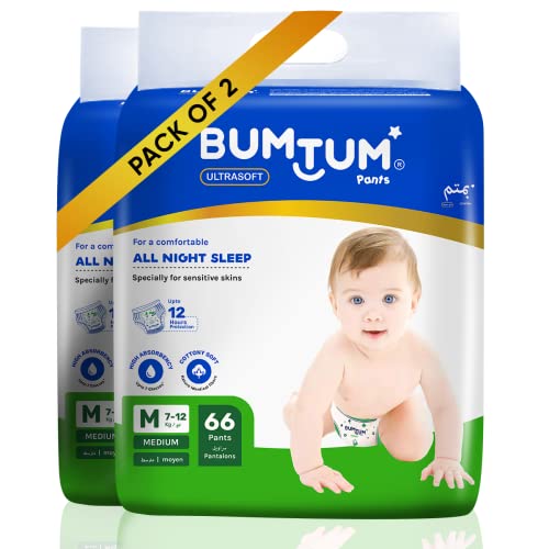 Bumtum Baby Diaper Pants, Medium Size, 132 Count, Double Layer Leakage Protection Infused With Aloe Vera, Cottony Soft High Absorb Technology (Pack of 2)