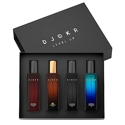 DJOKR Perfume Gift Set for Men Pack of 4×20 ML | Eau De Parfum | Premium Luxury Long Lasting Fragrance Spray | Signature, Wicked, Oud Wood, Marine ( 4×20 ml)