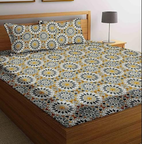 BSB HOME Double Floral Bedsheet with 2 Pillow Covers | 144 TC Soft Brushed Microfiber – Breathable & Wrinkle Free – 3 Pcs Set Multicolour, Grey & Mustard