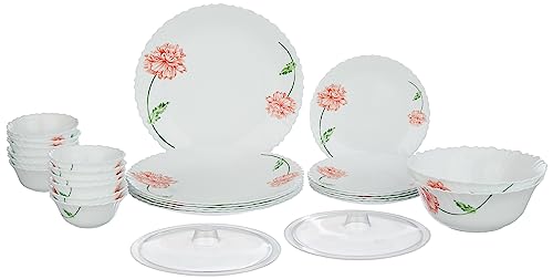 Larah by Borosil Fluted Red Mist Dinner Set 28 Pieces, Opal Glass Dinner Plates & Bowls Crockery Set for Dinning, White