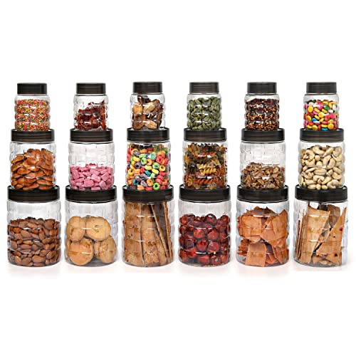 Cello Checkers Pet Plastic Airtight Canister Set | Food grade and BPA free canisters | Durable & Shatterproof Body |Air tight seal & Stackable | Free from any kind of odor | Transparent | 300ml x 6, 650ml x 6, 1200 x 6, Set of 18