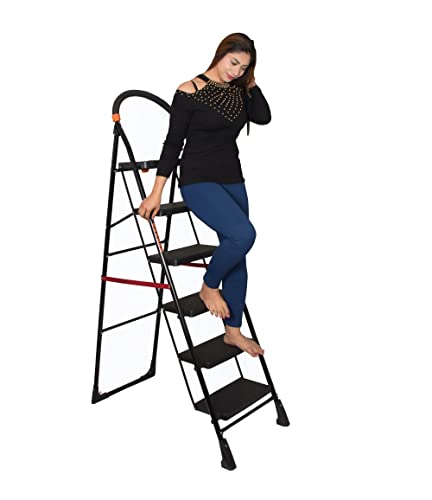 Parasnath Black Heavy Folding Ladder with Wide Steps Milano 6 Steps Ladder 6.3 Ft – Made in India