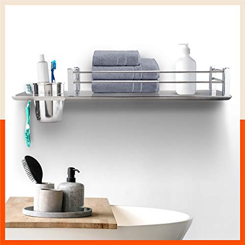 Bathla Aquila Altair Stainless Steel Bathroom Shelf with Steel Tumbler and Toothbrush Holder Grooves for Home | Wall Mountable & Corrosion Resistant