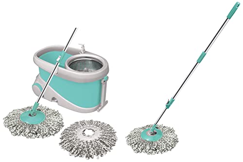Spotzero by Milton Prime Spin Mop with Big Wheels and Stainless Steel Wringer,2 Microfiber Refills & Spin Mop Spares Set Handle with Microfibers Refill(Aqua Green)
