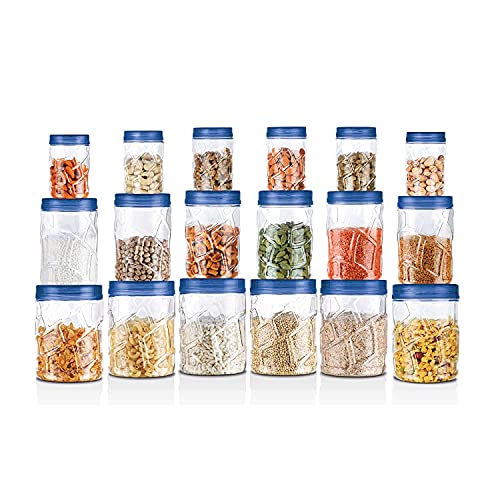 MILTON Vitro Plastic Pet Storage Jar and Container, Set of 18 (6 pcs x 230 ml Each, 6 pcs x 600 ml Each, 6 pcs x 1.18 ltrs Each), Blue | Food Grade | Air Tight | BPA Free