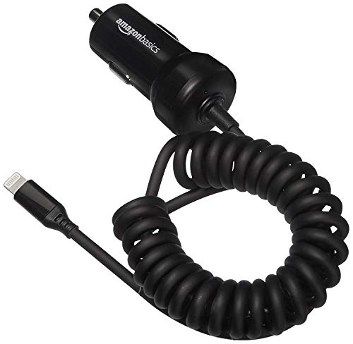 amazon basics Apple Certified High Speed Lightning Car Charger For Apple Devices With Coiled Cable- 5V 12 Watts – 1.5 Foot – Black