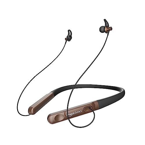 Amazon Basics in-Ear Wireless Neckband with Mic, Up to 18 Hours Play Time, Bluetooth 5.1, Voice Assistance, Noise Cancellation, IPX4 Water-Resistance, Magnetic Earbuds (Brown)