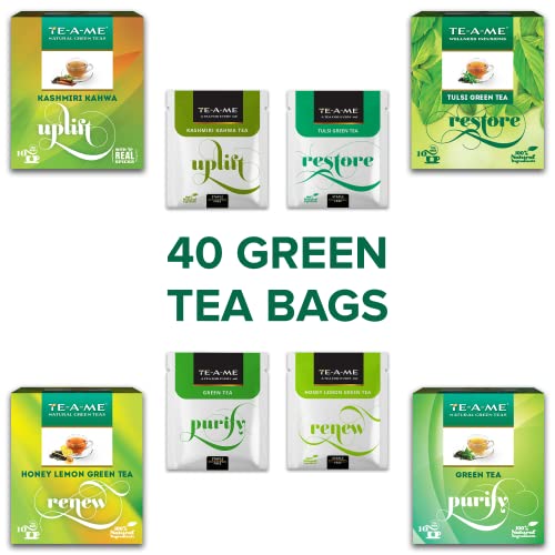 TE-A-ME Green Tea Combo Of Kashmiri Kahwa Green Tea, Tulsi Green Tea, Green Tea, Honey Lemon Green Tea (10 Tea Bags In Each Variety = 40 Tea Bags)