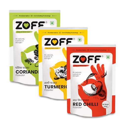 Zoff Combos Red Chilli Powder, Turmeric Powder & Coriander Powder | Pack of 3 | No Colors, Pure & Fresh Masala For Cooking, Hygienically Packed | 500 Gram Each | Total Weight – 1500 gm