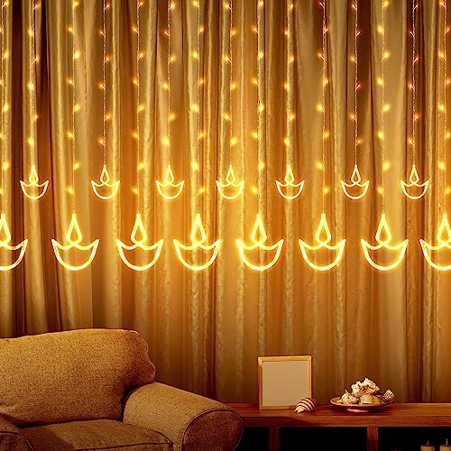 wipro Garnet 12 Diyas Curtain LED Festive Lights | Indoor Window String Lights | Decoration for Wedding, Diwali, New Year and Home | 6 Large and 6 Small diyas | Warm White, 108 LEDs, Pack of 1