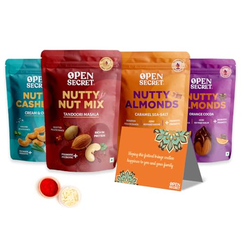 Open Secret Dry Fruits Bhai Dooj Hamper | 6 Item Gift Combo – Roasted Mix Nuts Combo|Salted Cashew|Tandoori Nut Mix|Chocolate Coated Almonds| Tika Set | 2 BhaiBeej Thread |1 Card | BhaiDooj Tika Set |Gift for Kids/ Brother/ Bhabhi