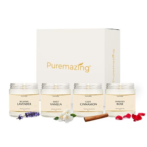Puremazing Scented Soy Wax Candle Gift Set | Lavender, Vanilla, Rose, Cinnamon Scented Candle | 4 Fragrances | 30 Hours Burning Time | Eco-Friendly and Luxurious Home Décor and Gift