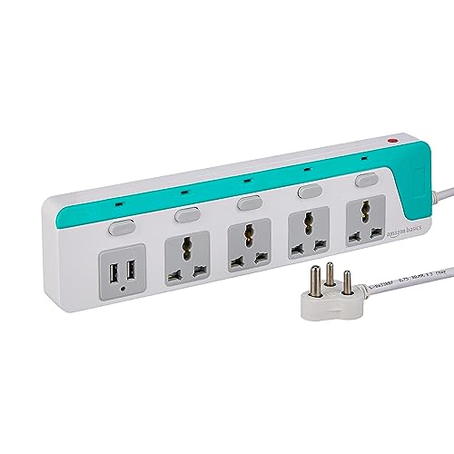 Amazon Basics Four-Way Strip Surge Protector with Two 2.4A USB Ports, 1500W Output, 250V AC, Overload and Short-Circuit Protection, 1.5-Metre Cord (White)