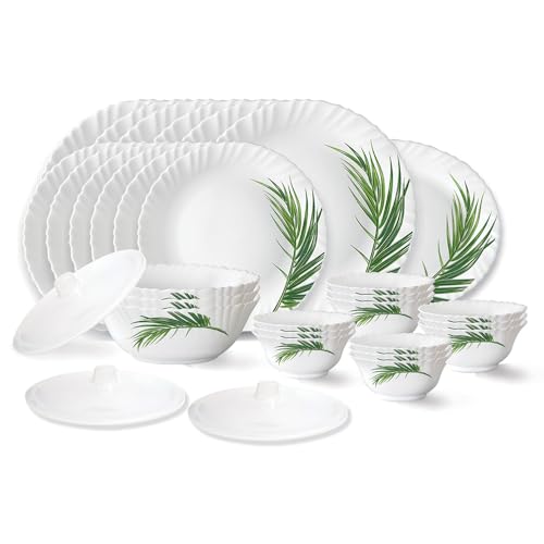 Larah by Borosil Crescent Fluted Series Opalware Dinner Set | 31 Pieces for Family of 6 | Microwave & Dishwasher Safe | Bone-Ash Free | Crockery Set for Dining & Gifting | Plates & Bowls | White