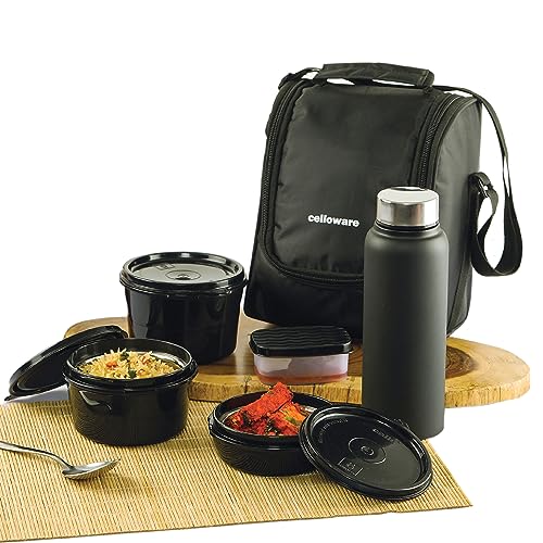 CELLO Max Fresh All in One Lunch Box Set of 5 with Fabric Bag | 3 Plastic Containers with Steel Inner, 1 Pickle Box and 1 Steel Bottle | Microwave Safe | Full Meal and Easy to Carry