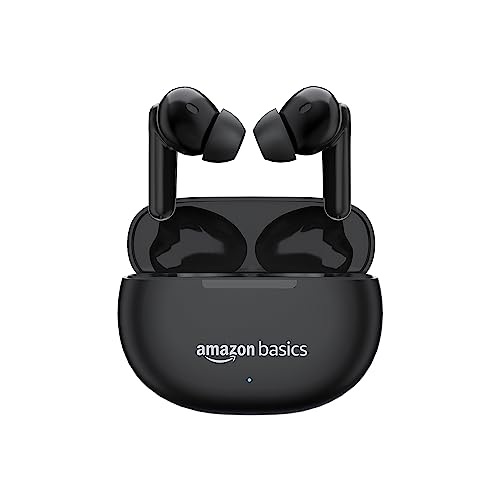 amazon basics True Wireless in-Ear Earbuds with Mic, Touch Control, IPX5 Water-Resistance, Bluetooth 5.3, Up to 55 Hours Play Time, Voice Assistance and Fast Charging (Black)