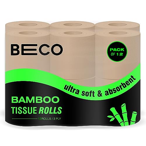 Beco Bamboo 3-Ply Toilet Paper Roll 160 Pulls Each Pack of 12, 100% Natural, Unbleached and Eco-Friendly Tissue Papers