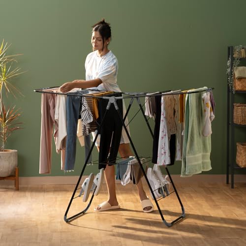 BonKaso Premium Steel Foldable Cloth Dryer Stand for Drying Clothes Steel (Black + Grey)