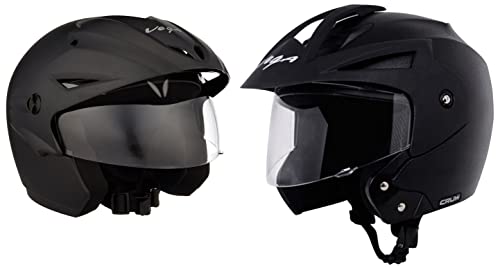 Vega Crux Half Face Helmet (Black, M) & Cruiser CR-W/P-DK-M Open Face Helmet with Peak (Dull Black, M) Combo