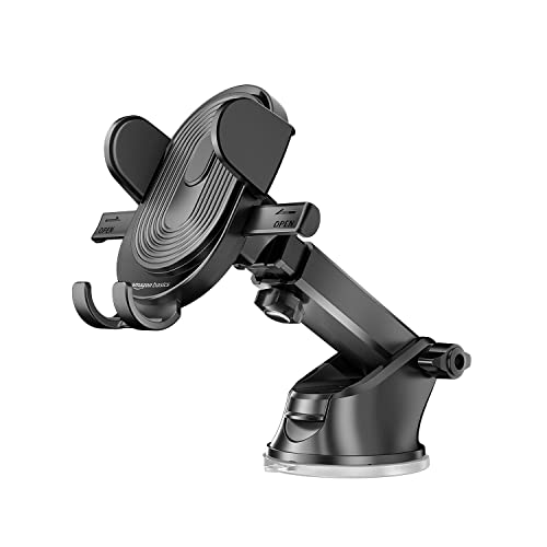 Amazon Basics Universal Car Mobile Holder for Dashboard with One Touch Mechanism- Expandable, Rotatable & Double Shift Locking for Windscreen and Car Accessories for Dashboard (Black, Abs)