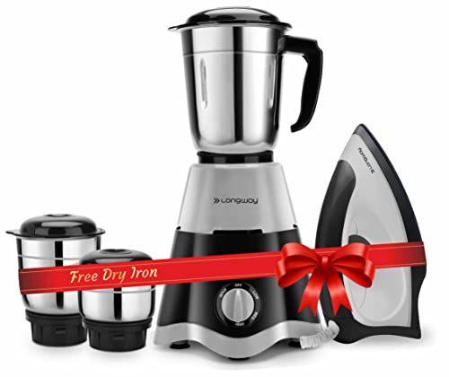 Longway Super Dlx 700 W Mixer Grinder with 3 Jars (Powerful Motor with 1 Year warranty, Black & Gray) & Kwid 750 W Dry Iron (Black & Gray)