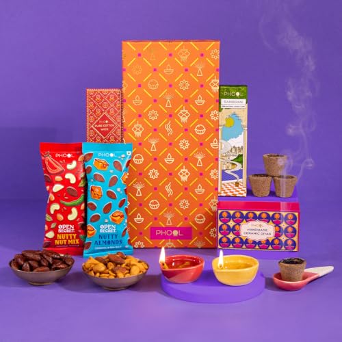 Phool Diwali gift hamper – Shubh Diwali (Combo Gift Pack – 6) Diwali sweets with dry Fruits and Nuts, Ceramic Diyas & Cotton Wicks, Incense Havan cups, Diwali gift Card & Free Cermaic Stand – PHOOL LUXURY INCENSE.