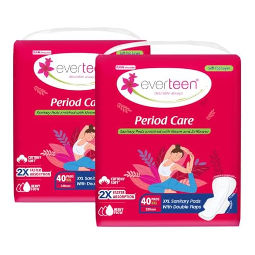 everteen Period Care XXL Soft Neem-Safflower Sanitary Pads for Women – 80 Pads, Rash Free, Anti Tan, Skin Friendly, Double Wing Shape, Advanced Leak Protection, XX Large, 320mm – 2 Pack (40 Pads Each, 320mm)