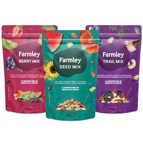 Farmley Trail Mix Dry Fruits 200g | Dried Berry Mix 200g | Protein Rich Seed Mix 200g | Total 600g | Mix Dry Fruit Snack Combo