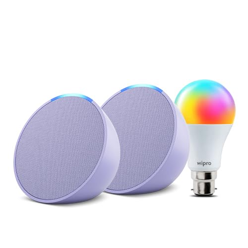 Echo Pop (Purple) gift twin pack with Wipro 9W LED Smart Color Bulb