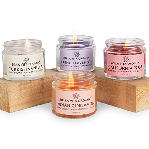 Bella Vita Organic Aroma Candles Soy Wax 4 X 60gms Each, Scented Aromatic Fragrance of Vanilla, Cinnamon, Lavender and Rose, up to 15 Hours, Best Gift
